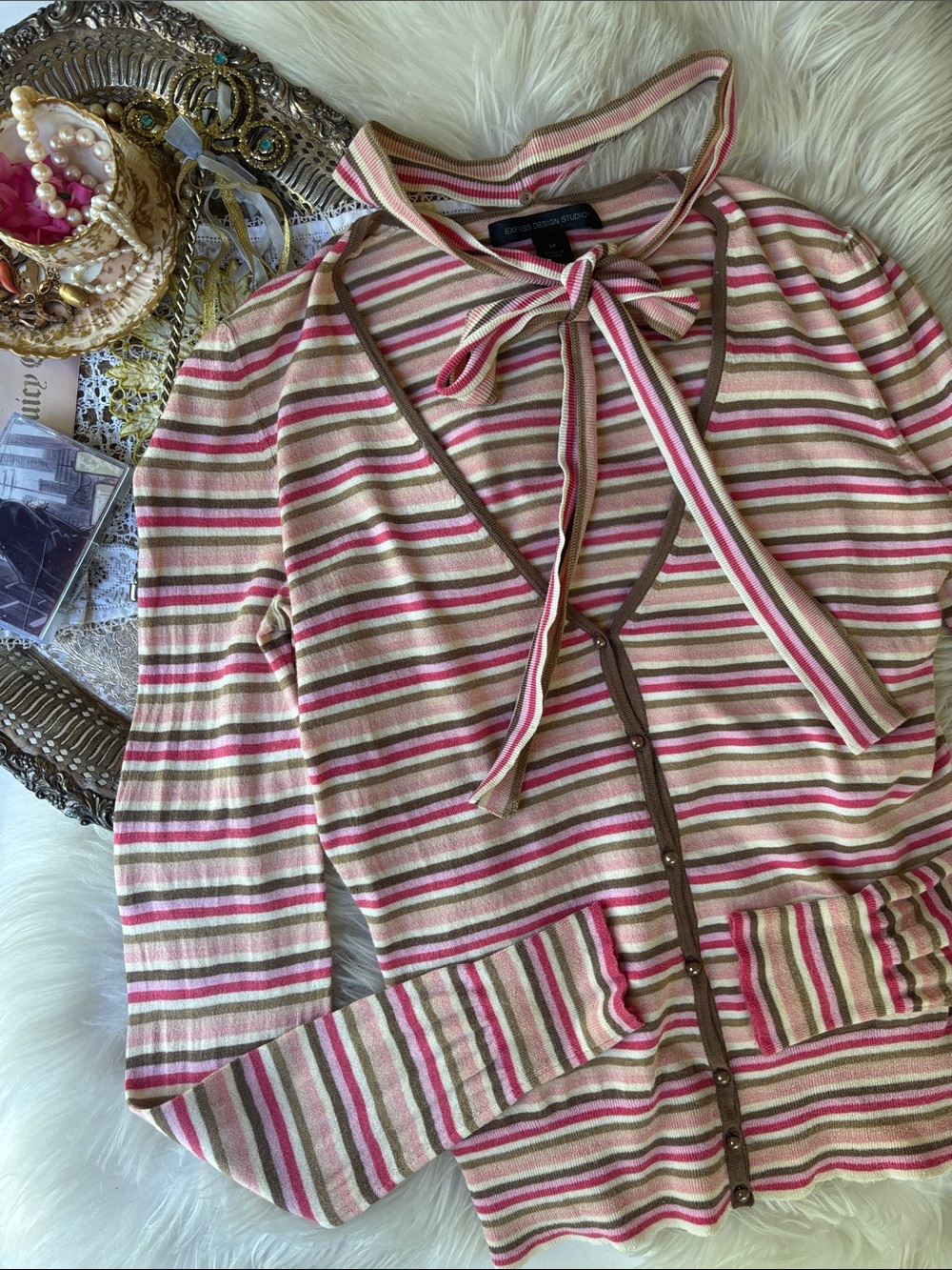 Y2K Silk Vintage Cardigan Sweater Striped Pink M Cardi Bow Iconic 90s Elle Woods